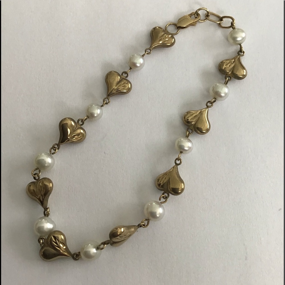 Vintage 10K Gold Puffy Hearts & Pearls Bracelet